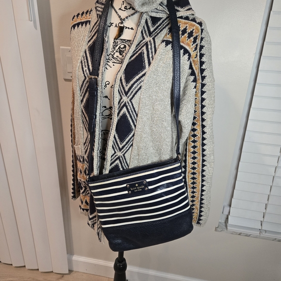 Kate Spade Black and Cream Striped Crossbody Leather Women's Bag - Picture 7 of 11